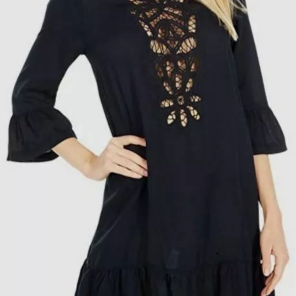 Roxy Gold Soul Coverup Sz Medium Black Crocheted Lace front Open Back w/tie - Picture 4 of 12